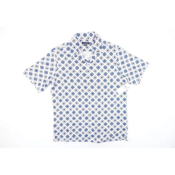 CLUB ROOM GEO PRINT BLUE BEIGE SILK BLEND SHORT SLEEVE BUTTON FRONT SHIRT NEW - Picture 1 of 5